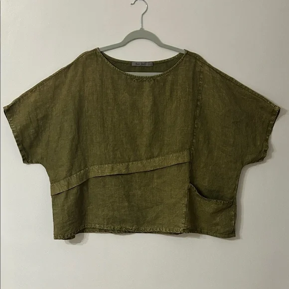 Beau Jours Top Women’s XL Olive Green Linen Lagenlook Boxy Beach - Picture 1 of 14